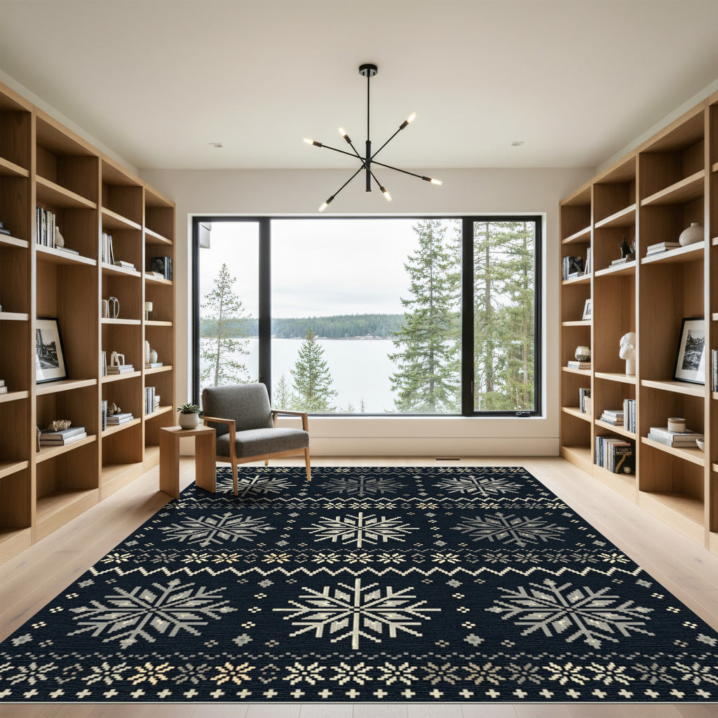 Dark Blue Pixelated Snowflake Fair Isle Rug