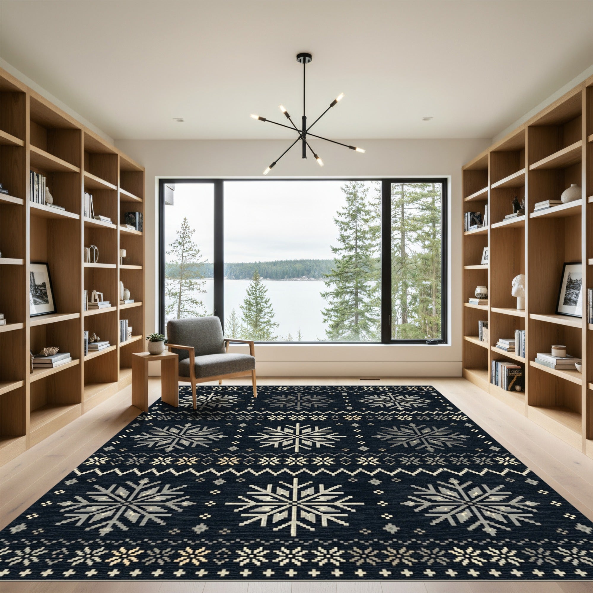 Dark Blue Pixelated Snowflake Fair Isle Rug
