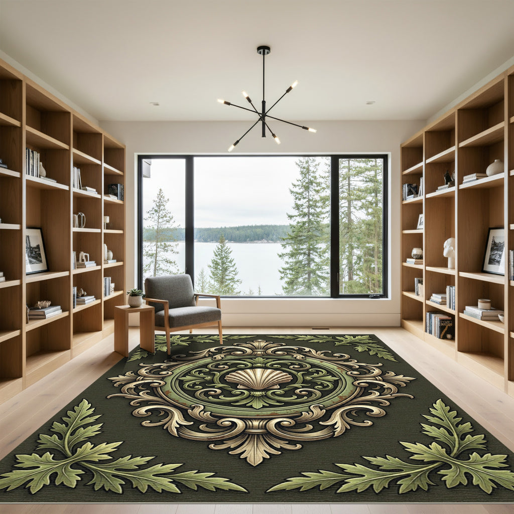 Sage Green Scalloped Baroque Filigree Rug