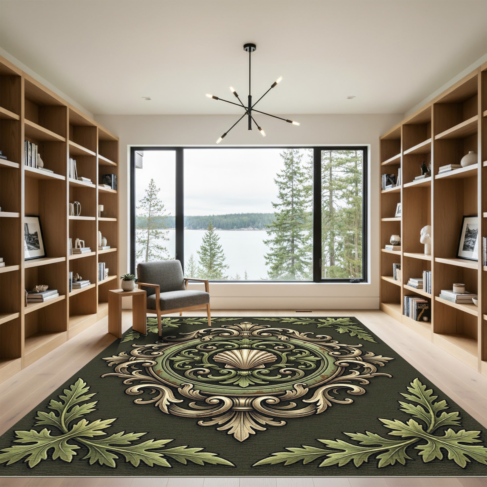 Sage Green Scalloped Baroque Filigree Rug