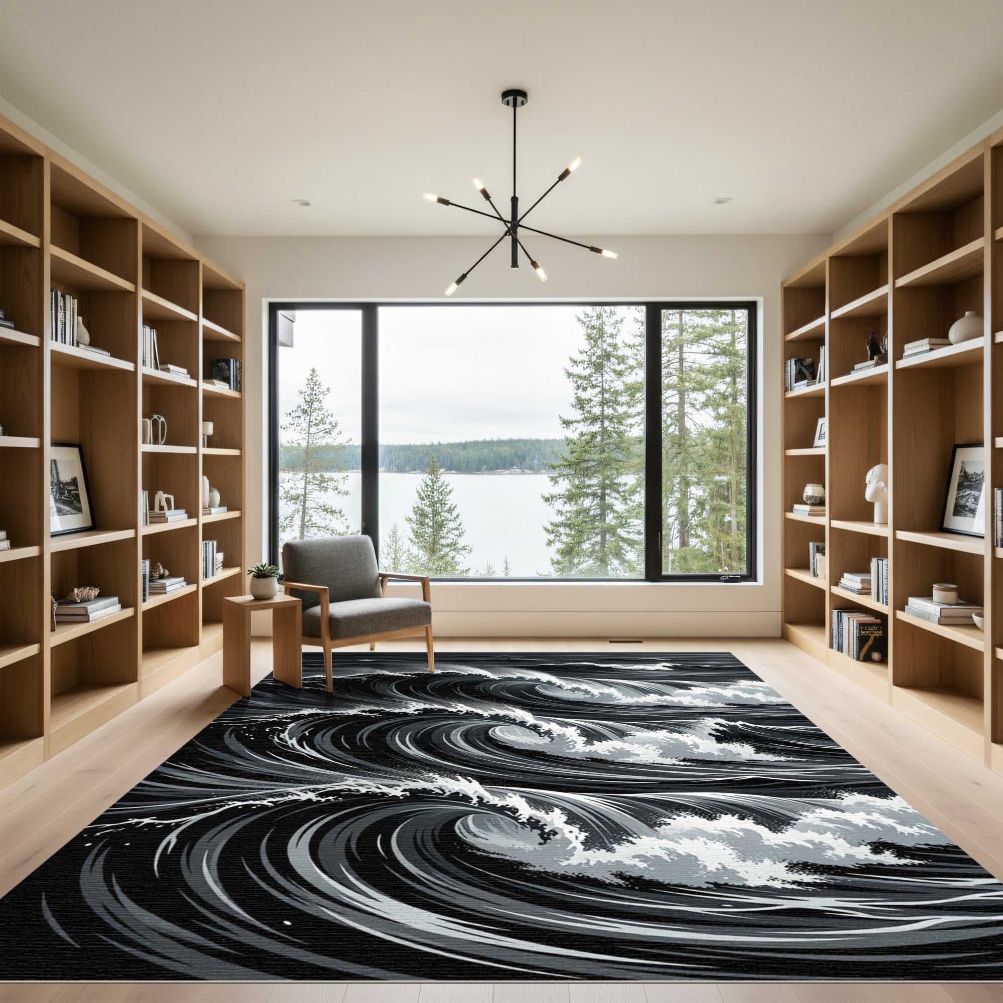 Monochromatic Dark Ocean Wave Art Rug