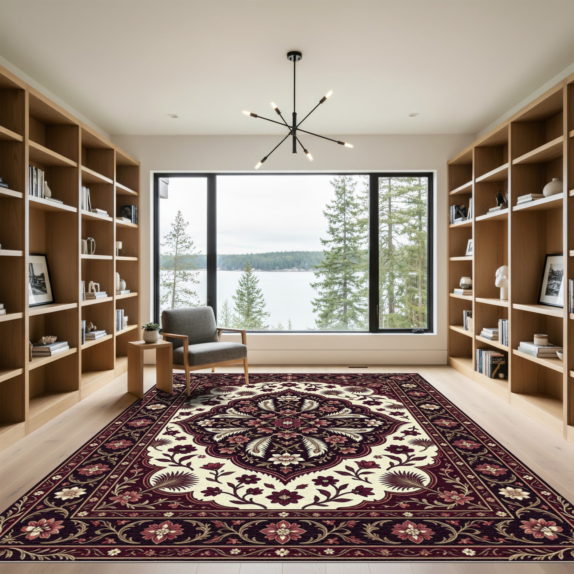 Deep Burgundy Cream Floral Medallion Rug