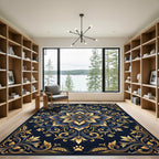 Elegant Navy Gold Floral Paw Mandala Rug