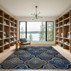 Blue Silver Ornate Quatrefoil Geometric Tile Rug