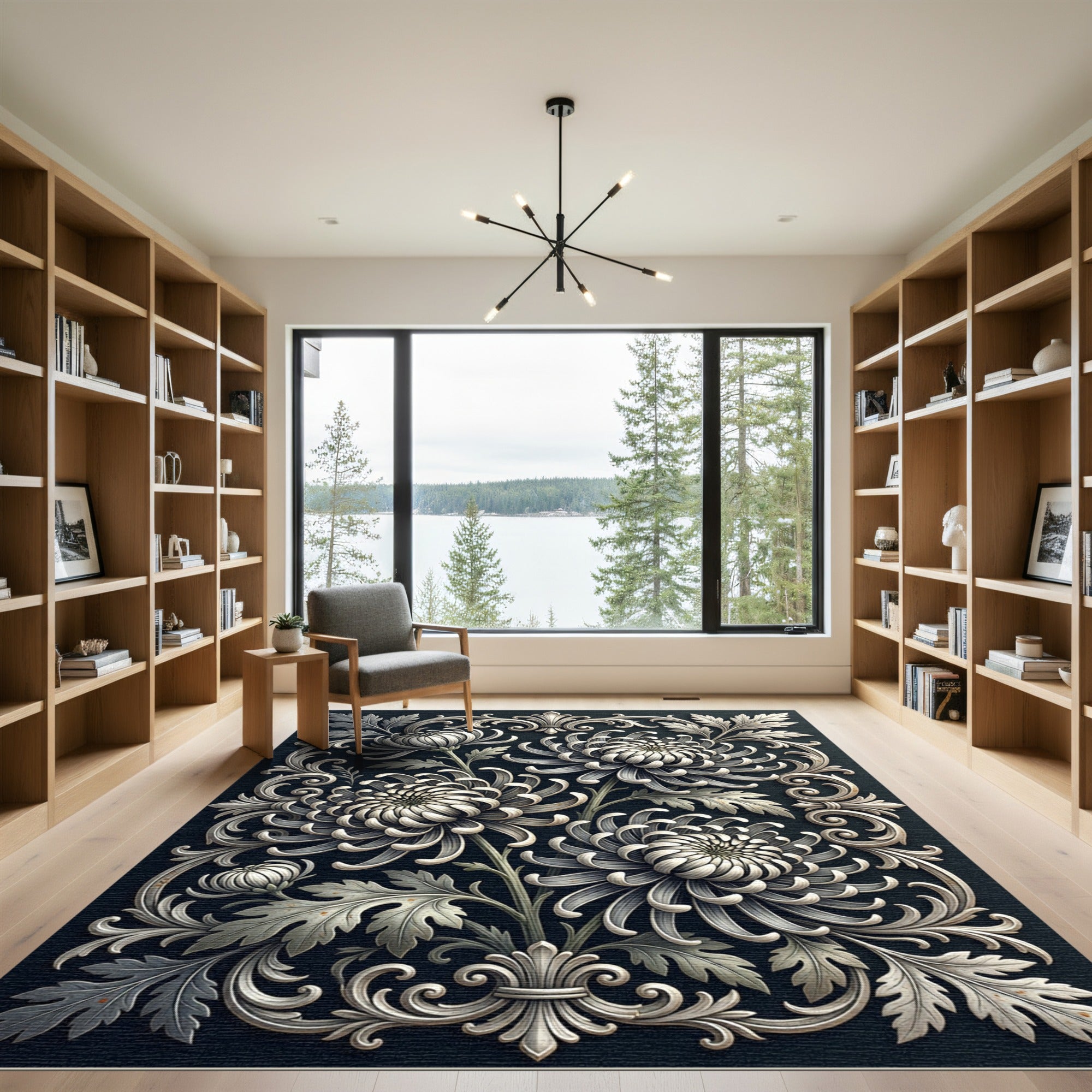 Monochromatic Chrysanthemum Scrollwork Garden Rug