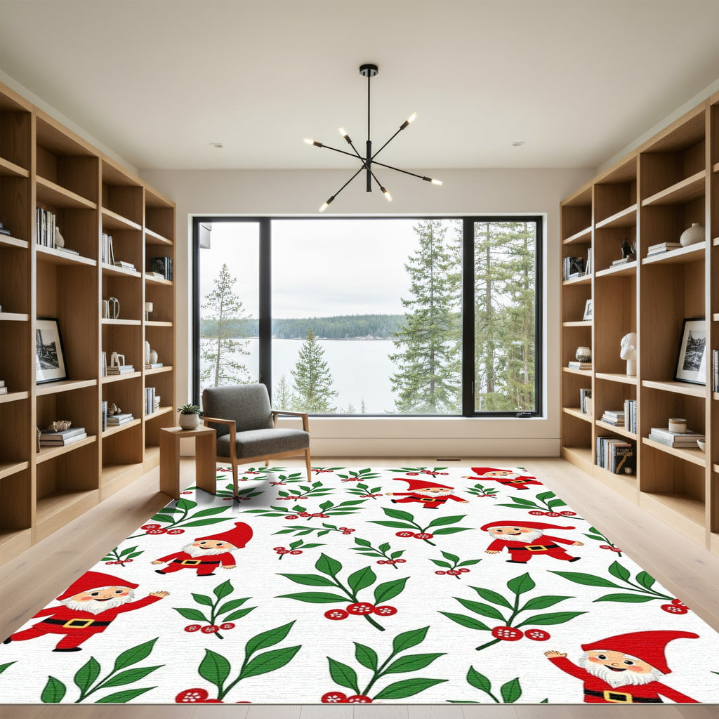 Whimsical Gnomes Red Holly Branches Rug