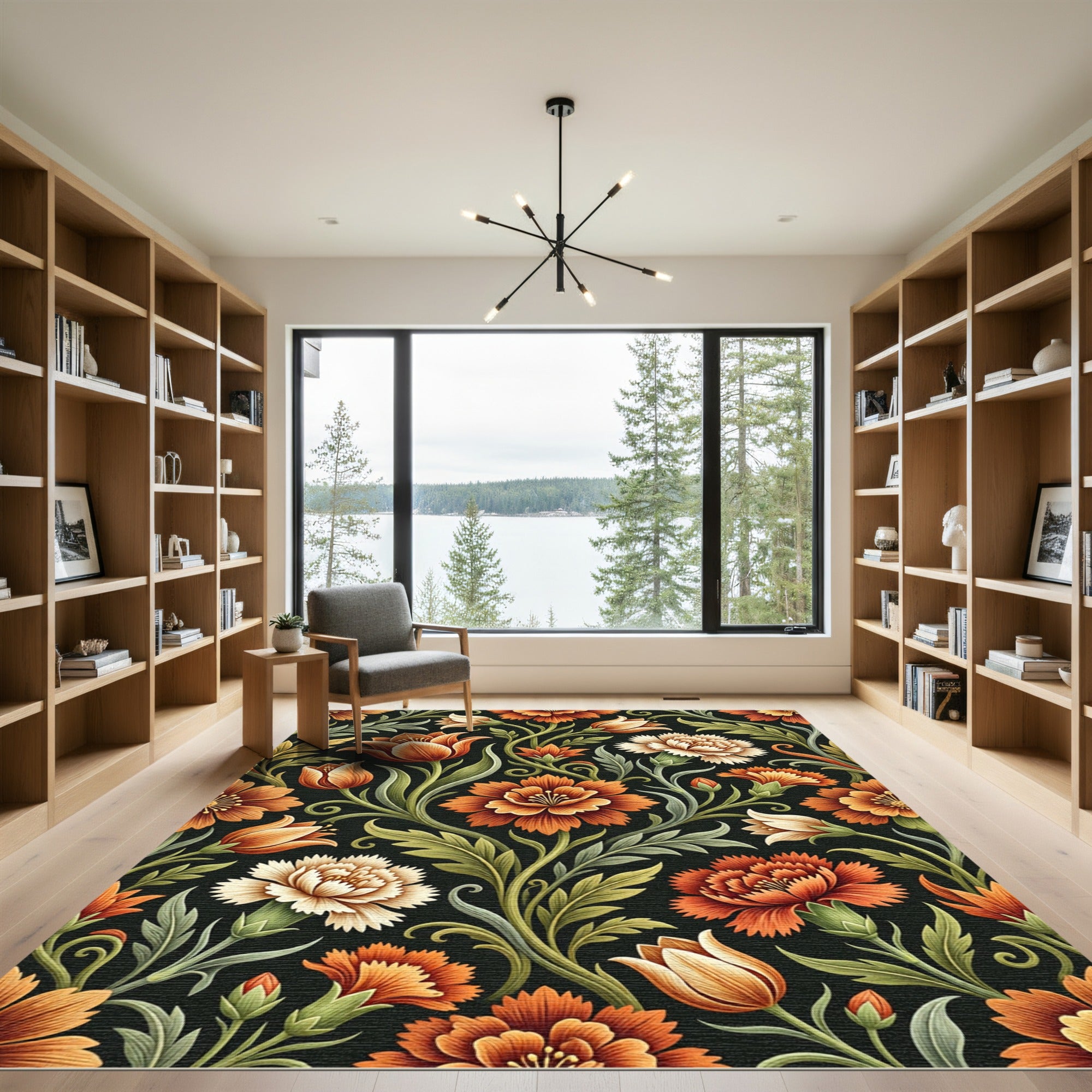 Vibrant Orange Floral Scrollwork Rug