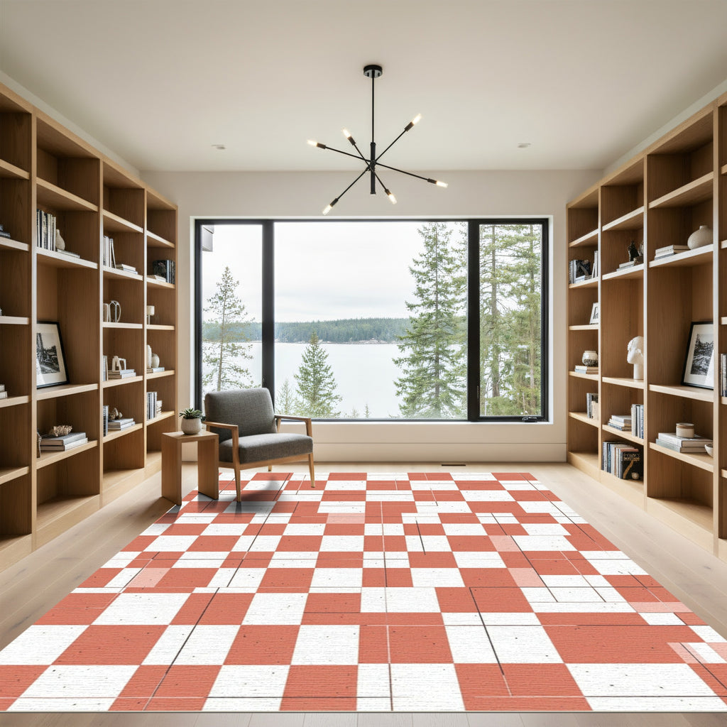 Terracotta Peach Checkered Grid Abstract Rug