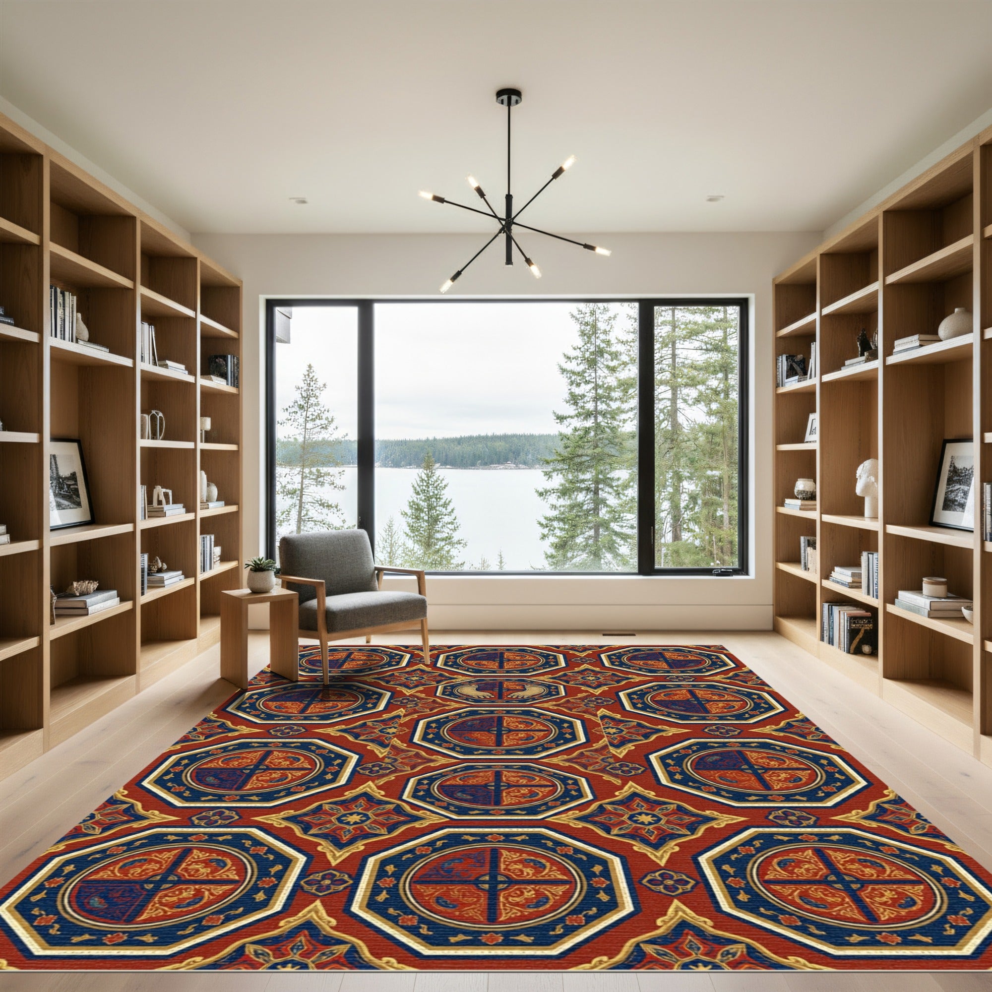 Ornate Royal Blue Crimson Octagonal Medallion Rug
