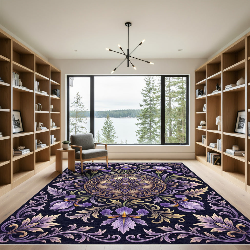 Elegant Purple Iris Floral Medallion Rug