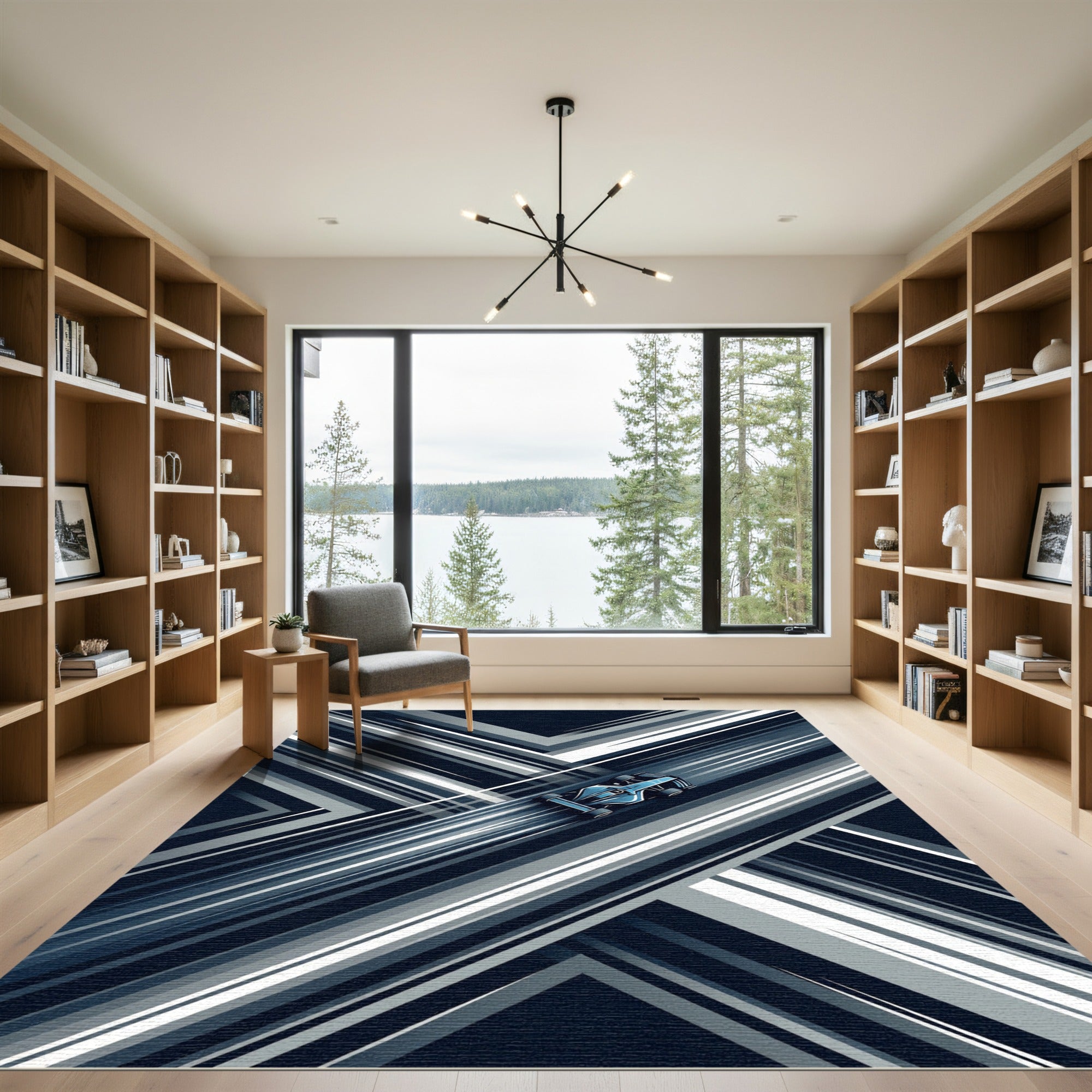 Dynamic Blue Formula Racing Abstract Line Rug