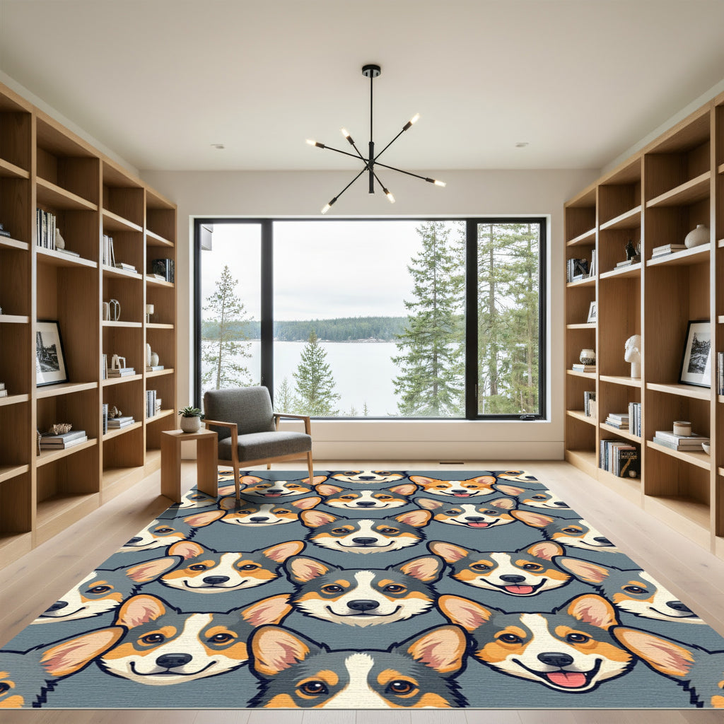 Cute Corgi Head Gray Tile Repeat Rug