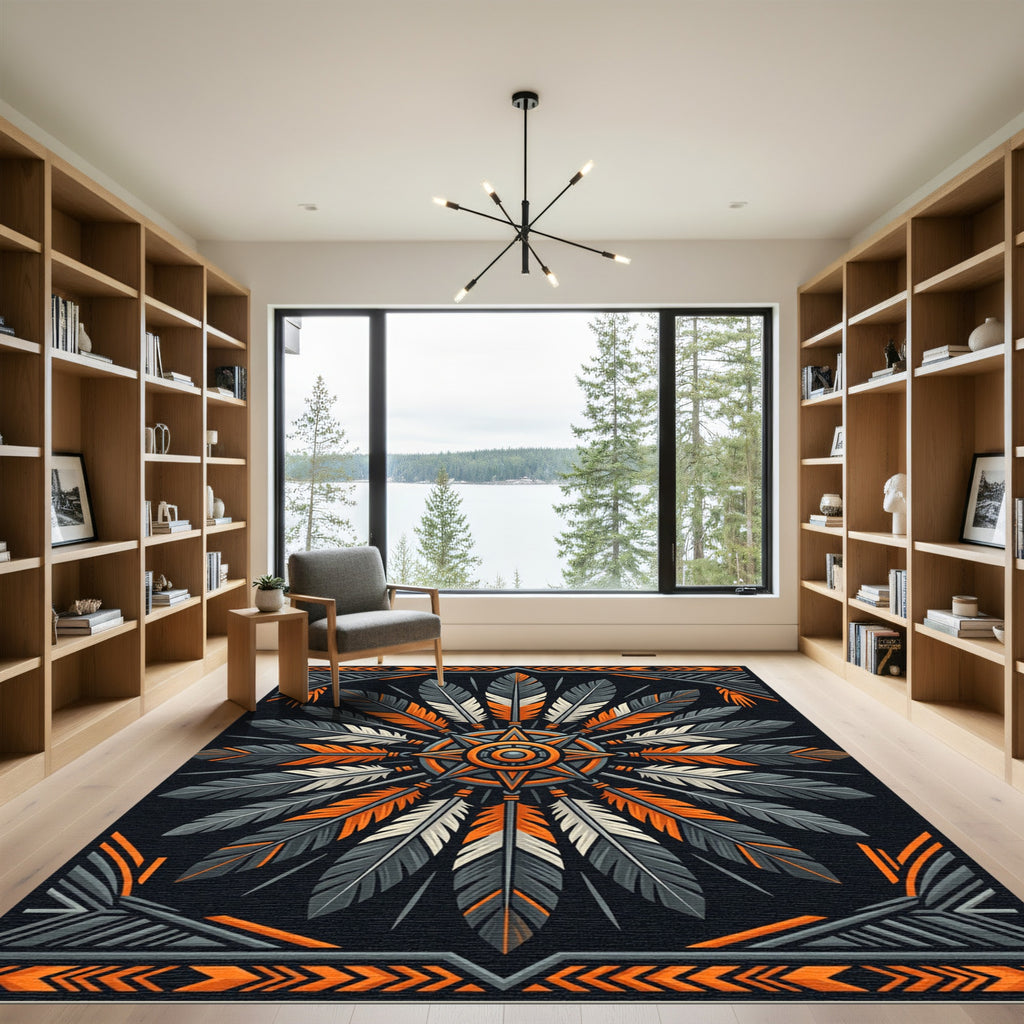 Geometric Orange and Charcoal Feather Medallion Rug