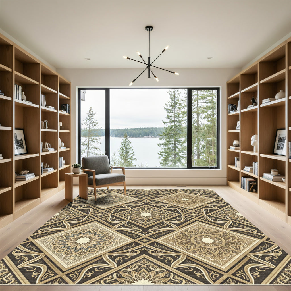 Elegant Gold Floral Diamond Medallion Rug