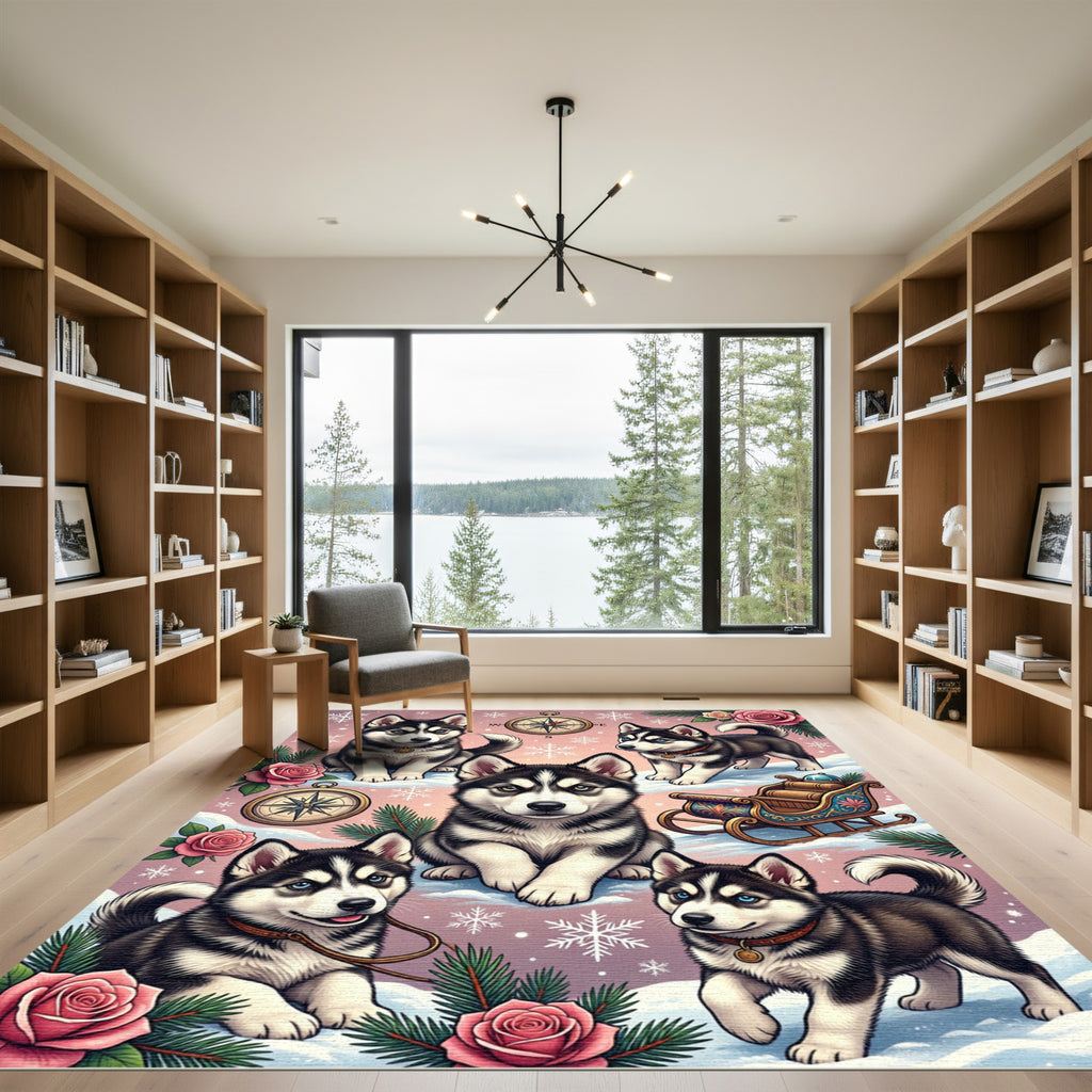 Cute Husky Puppies Winter Rose Sleigh Rug