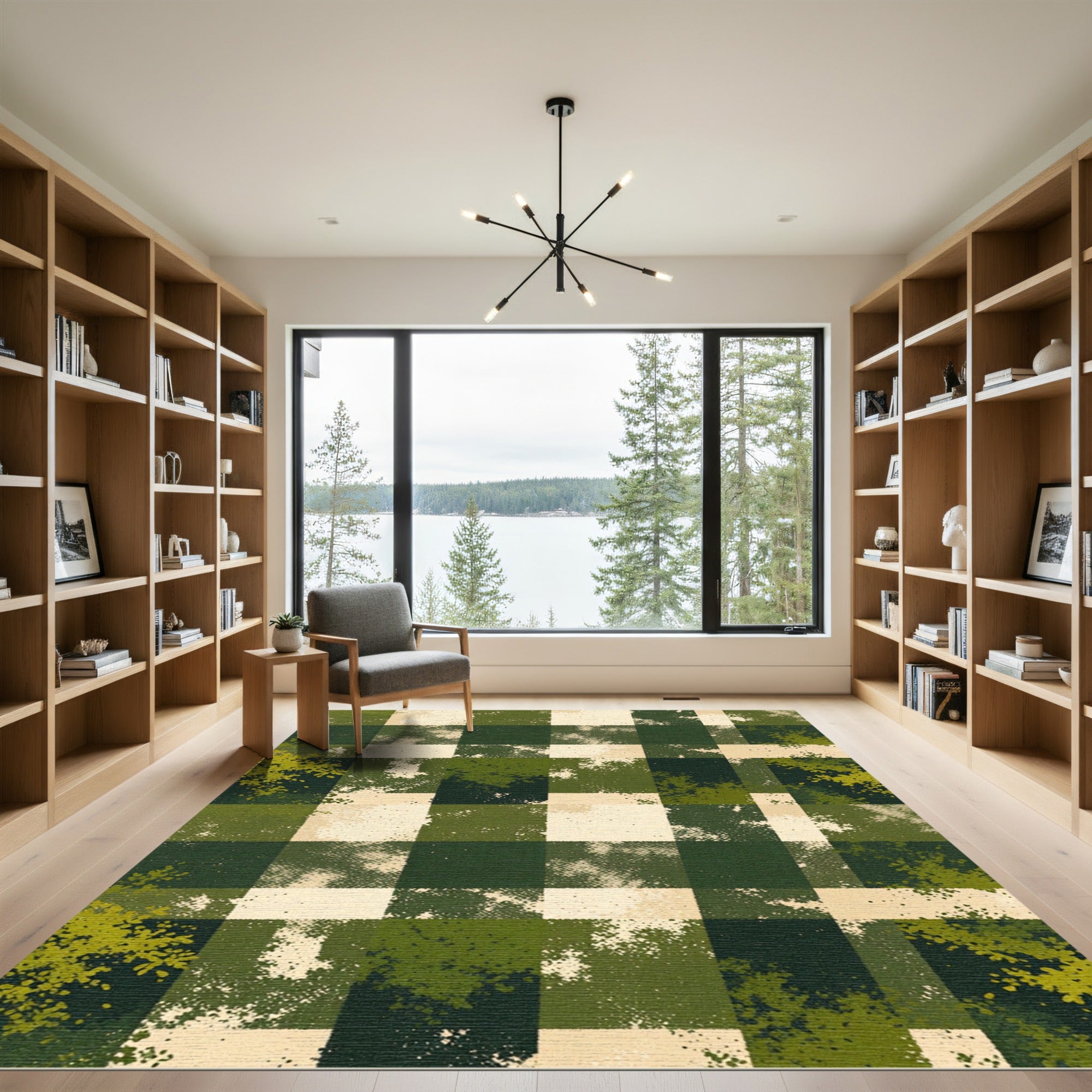 Distressed Forest Green Gingham Checkered Rug