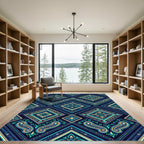 Navy Teal Golden Diamond Medallion Rug
