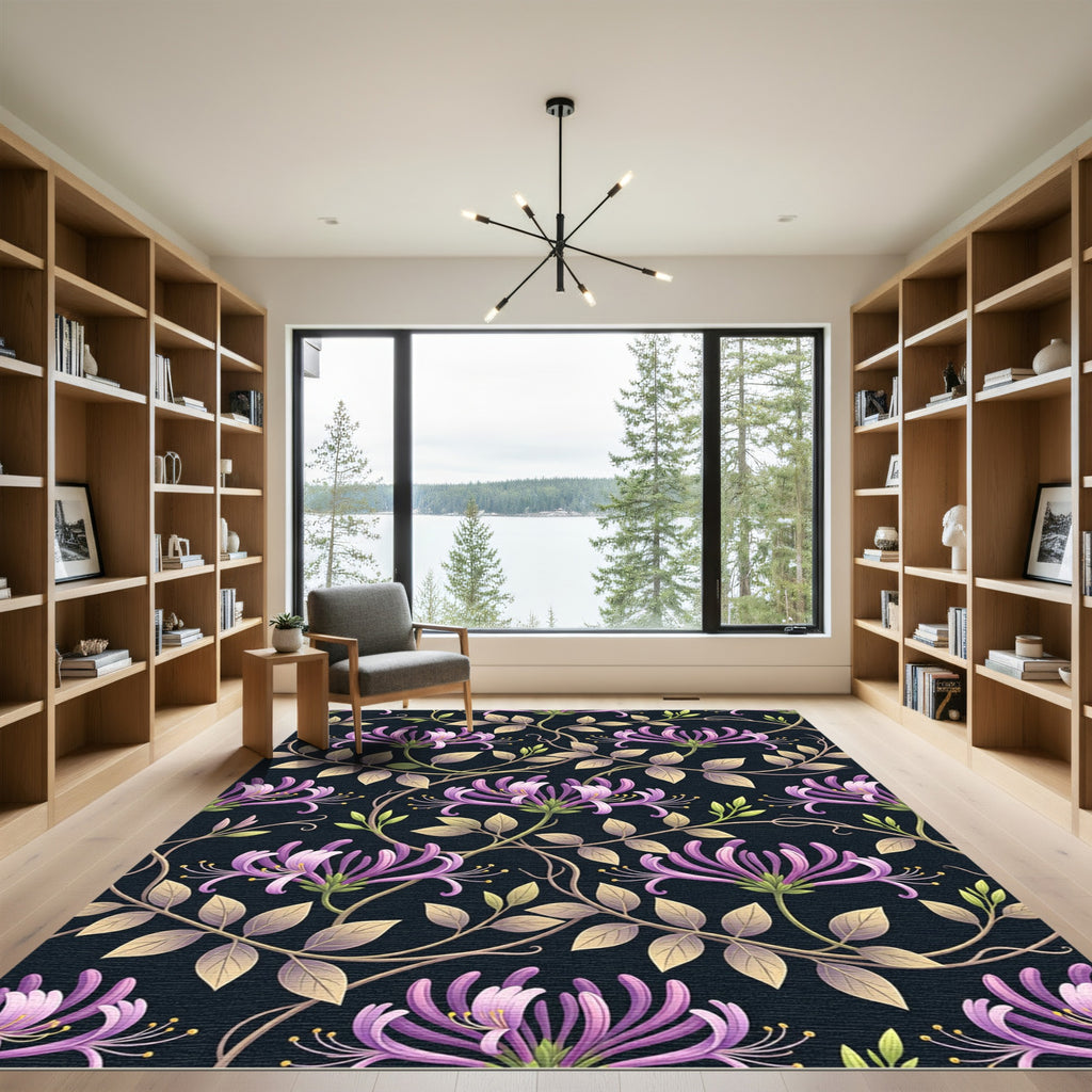 Elegant Purple Honeysuckle Dark Botanical Vine Rug