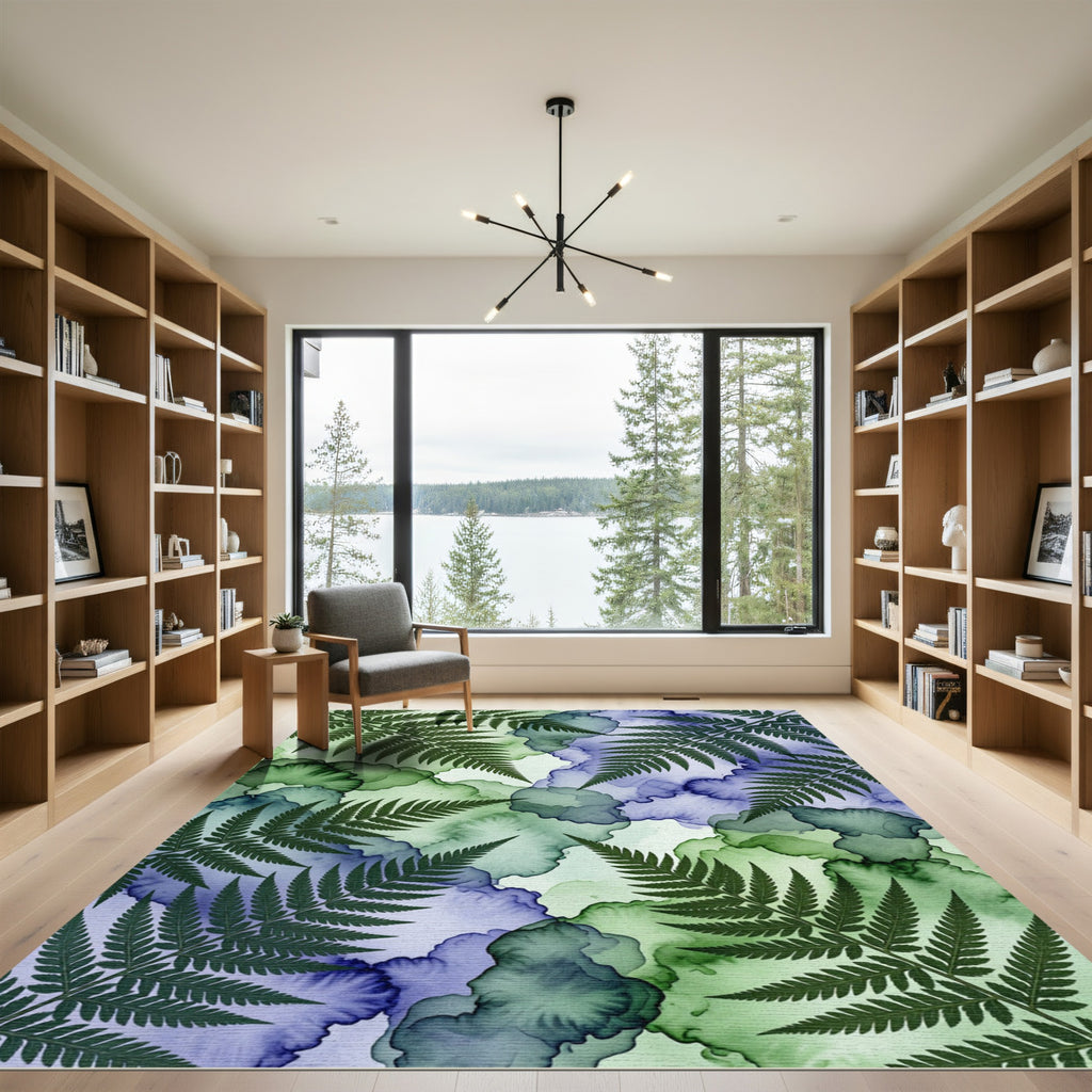 Lush Green and Violet Fern Foliage Rug
