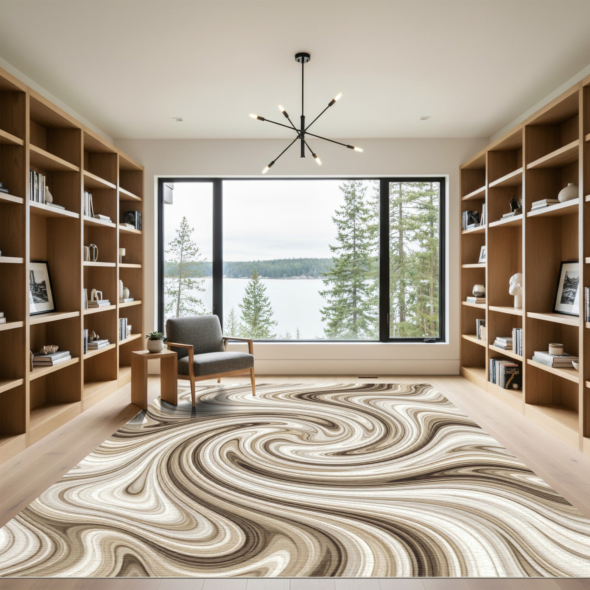 Cream and Mocha Abstract Swirl Rug