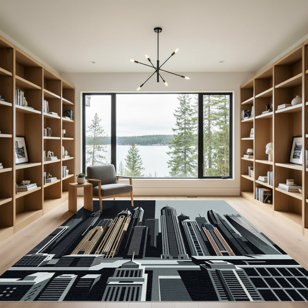 Monochrome Skyscraper Architectural Skyline Illustration Rug