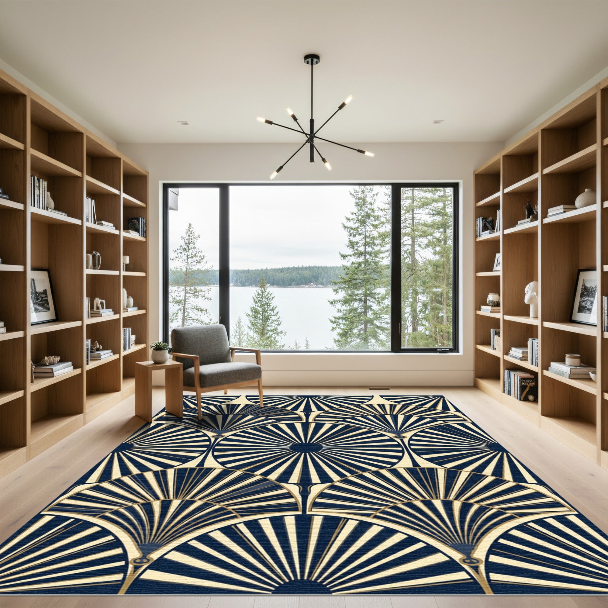 Art Deco Fan Navy Gold Geometric Rug