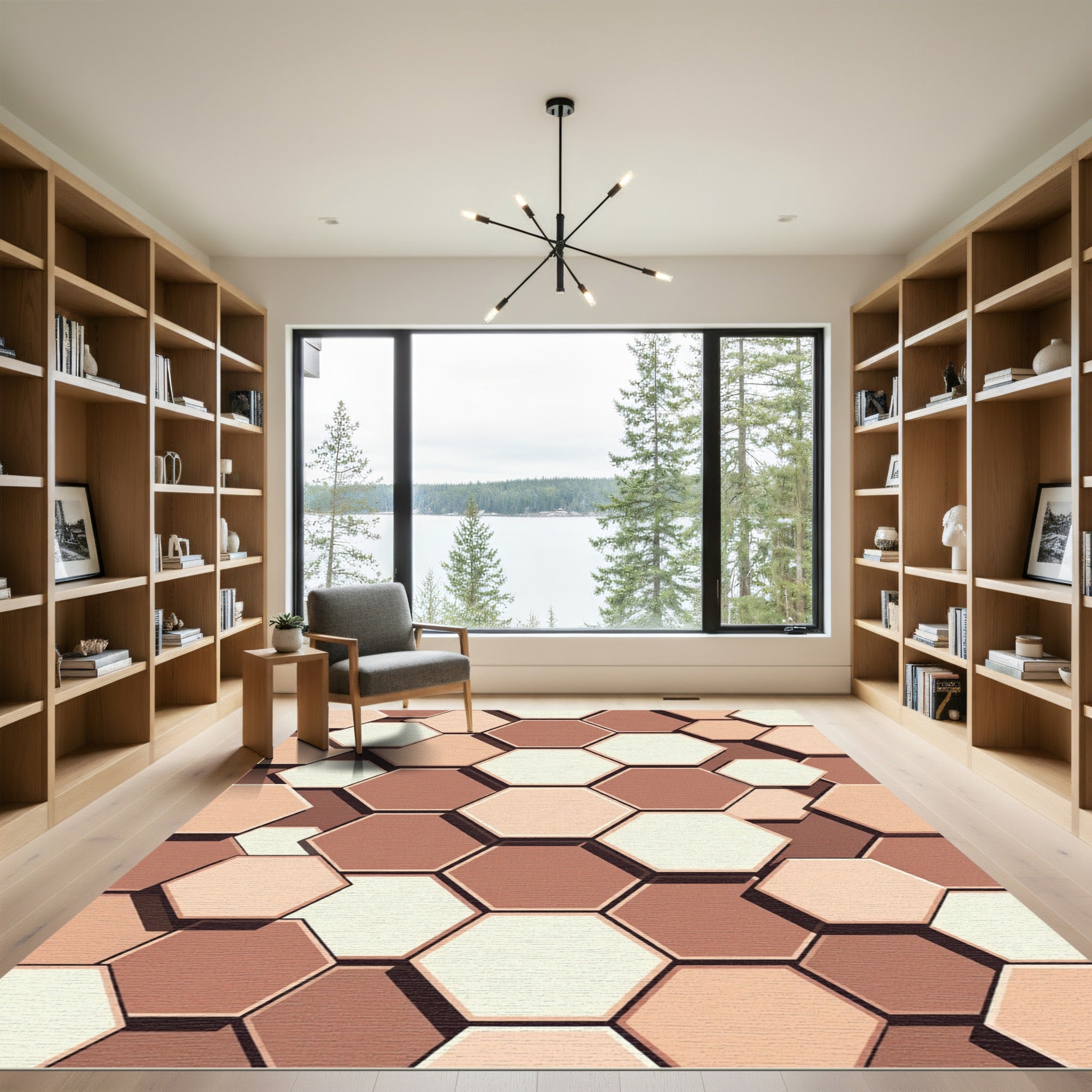 Neutral Earthy Tones Abstract Hexagon Grid Rug