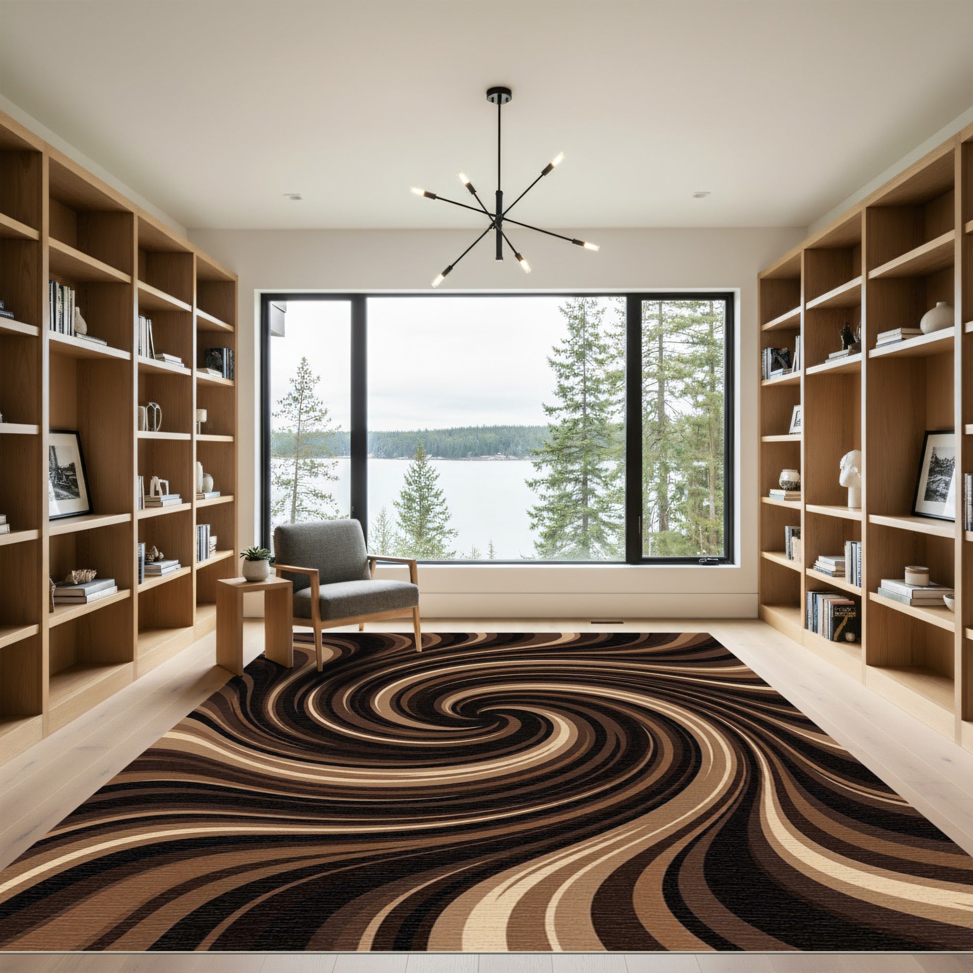 Modern Chocolate Brown Swirl Art Rug
