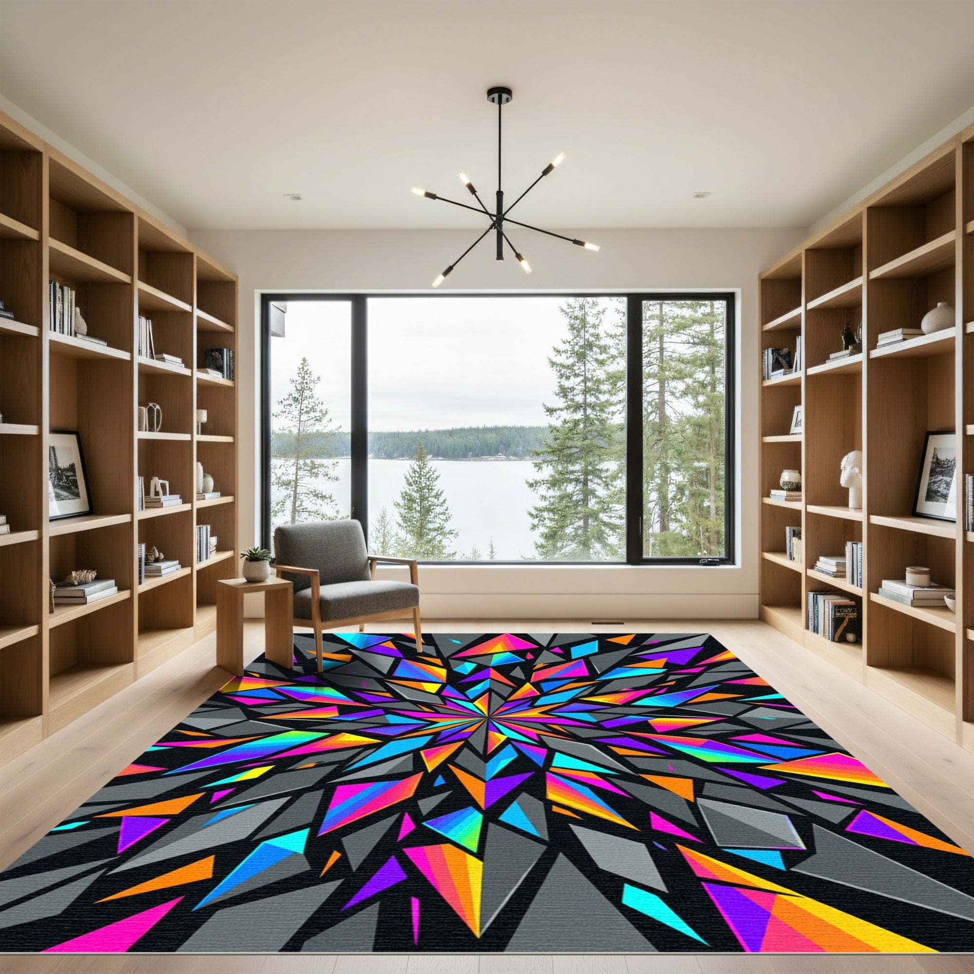 Vibrant Geometric Neon Shards Kaleidoscope Rug