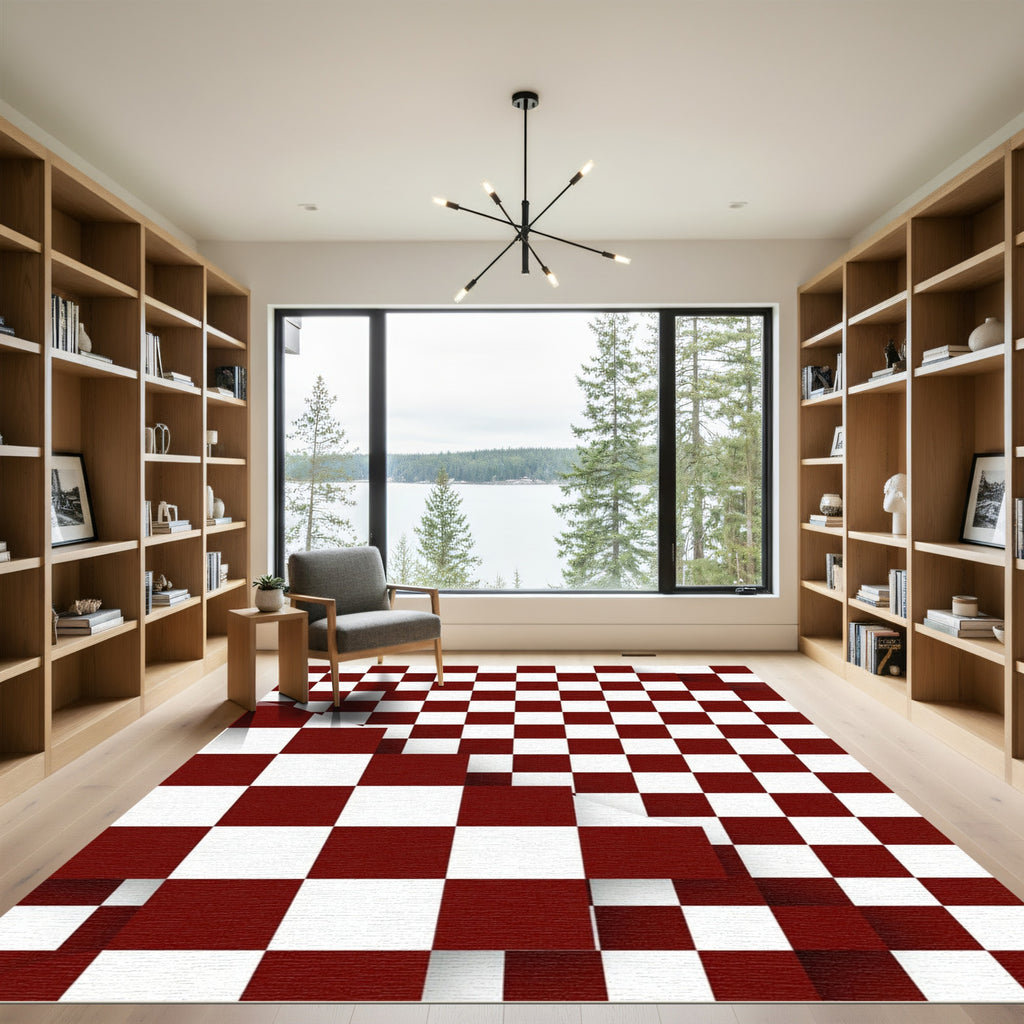 Crimson White Dimensional Checker Shift Rug