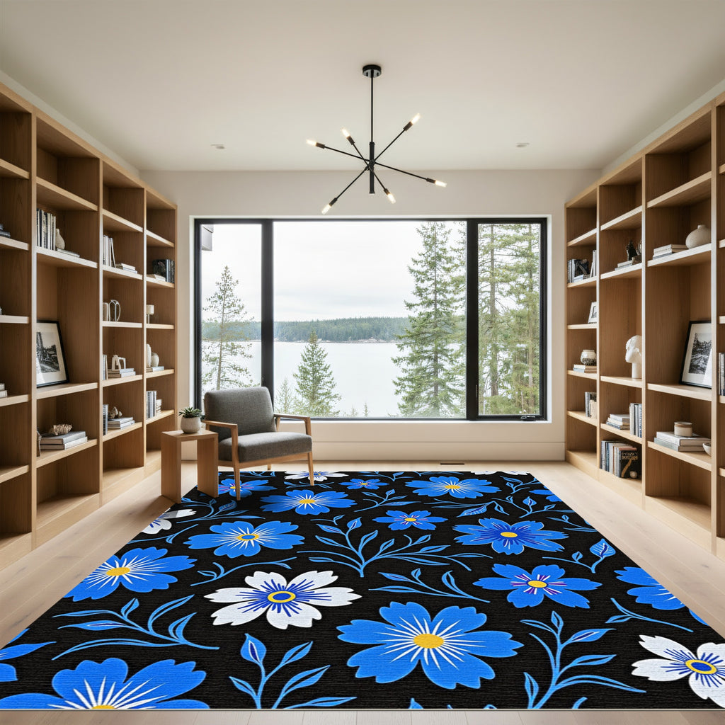 Bold Blue White Floral Sprig Rug