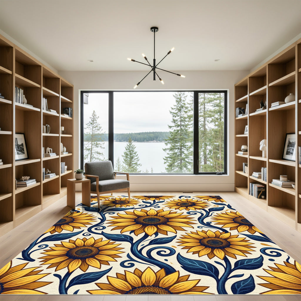 Golden Sunflower Swirls on Cream Rug