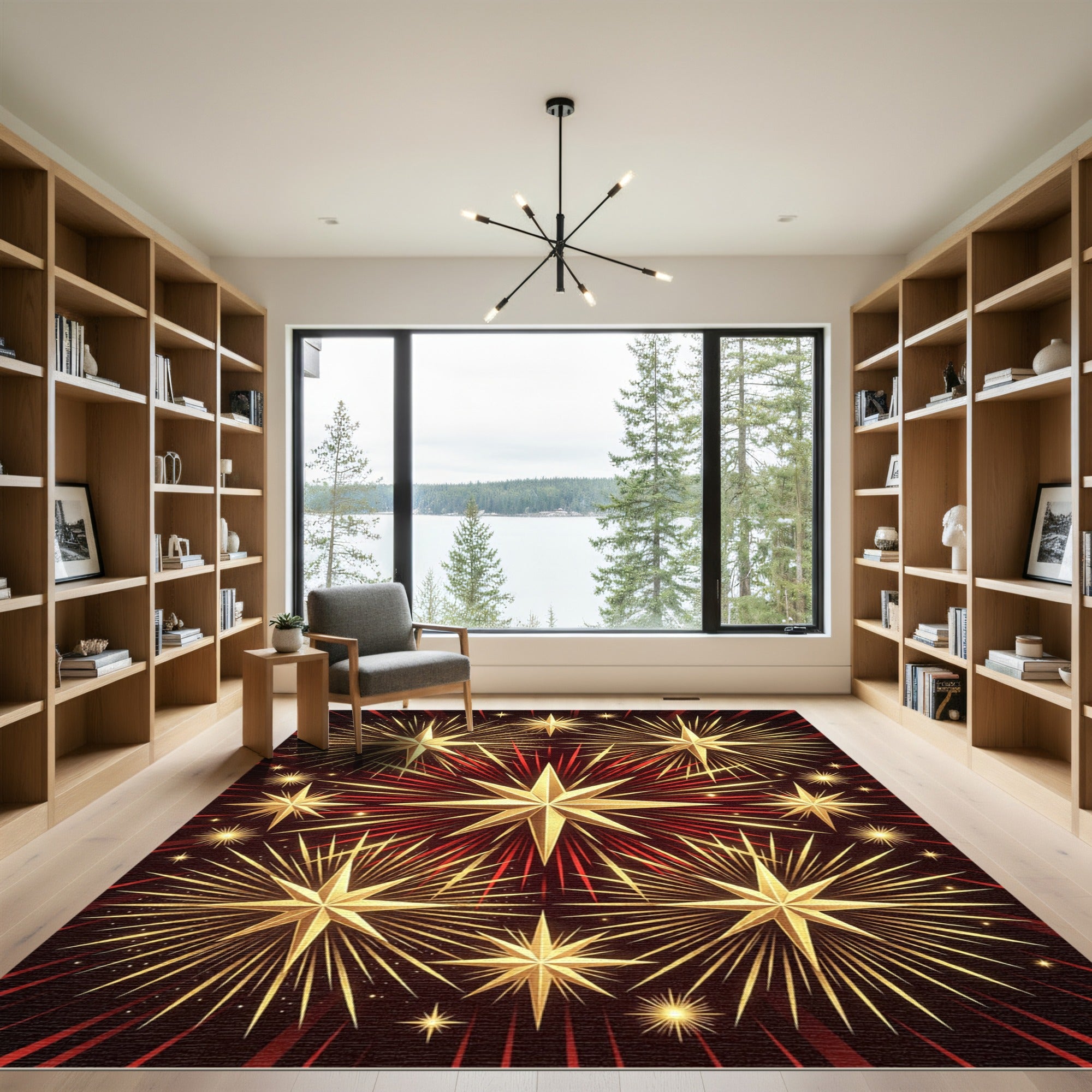Radiant Golden Starburst Red Celestial Rug