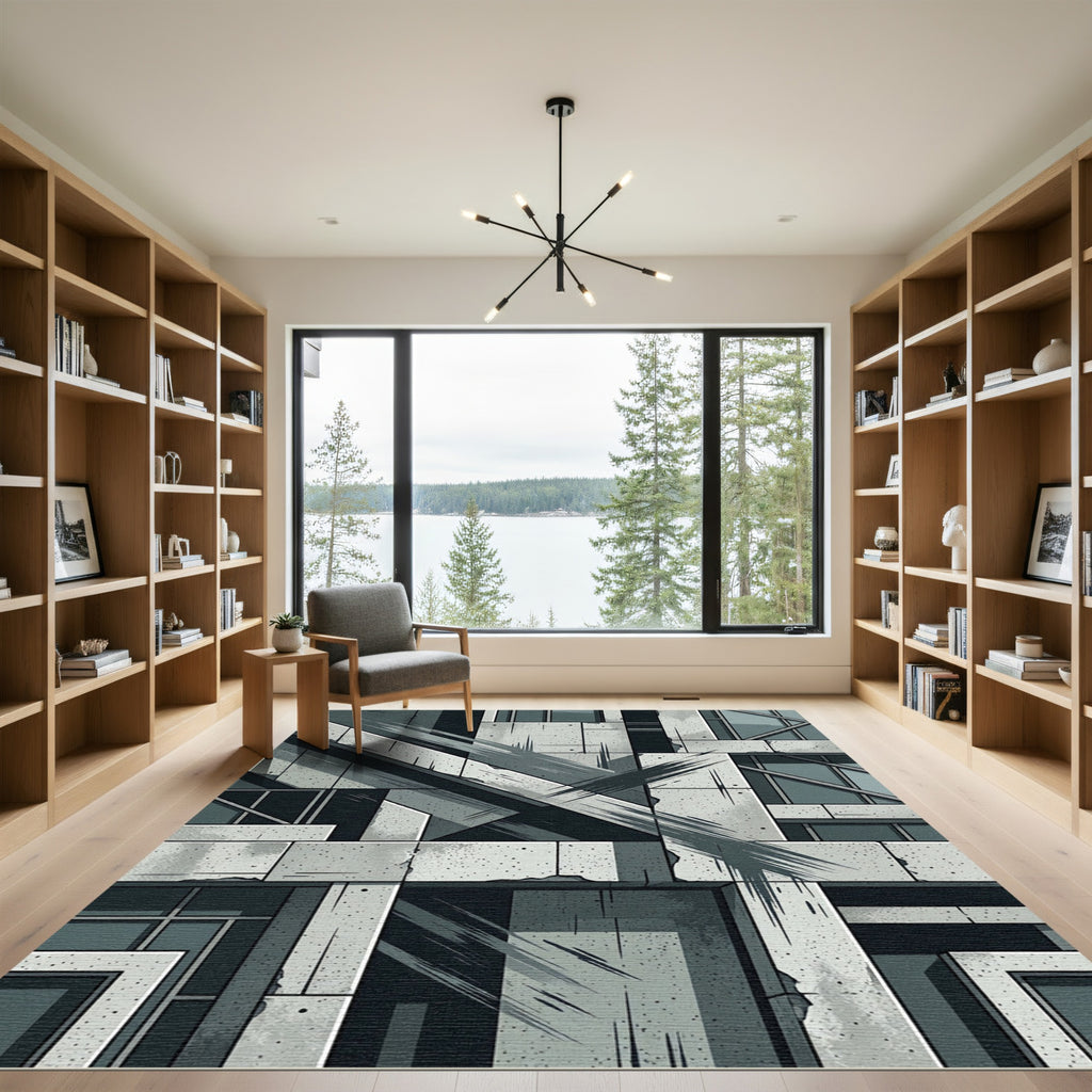 Grayscale Concrete Angular Geometric Stripe Rug