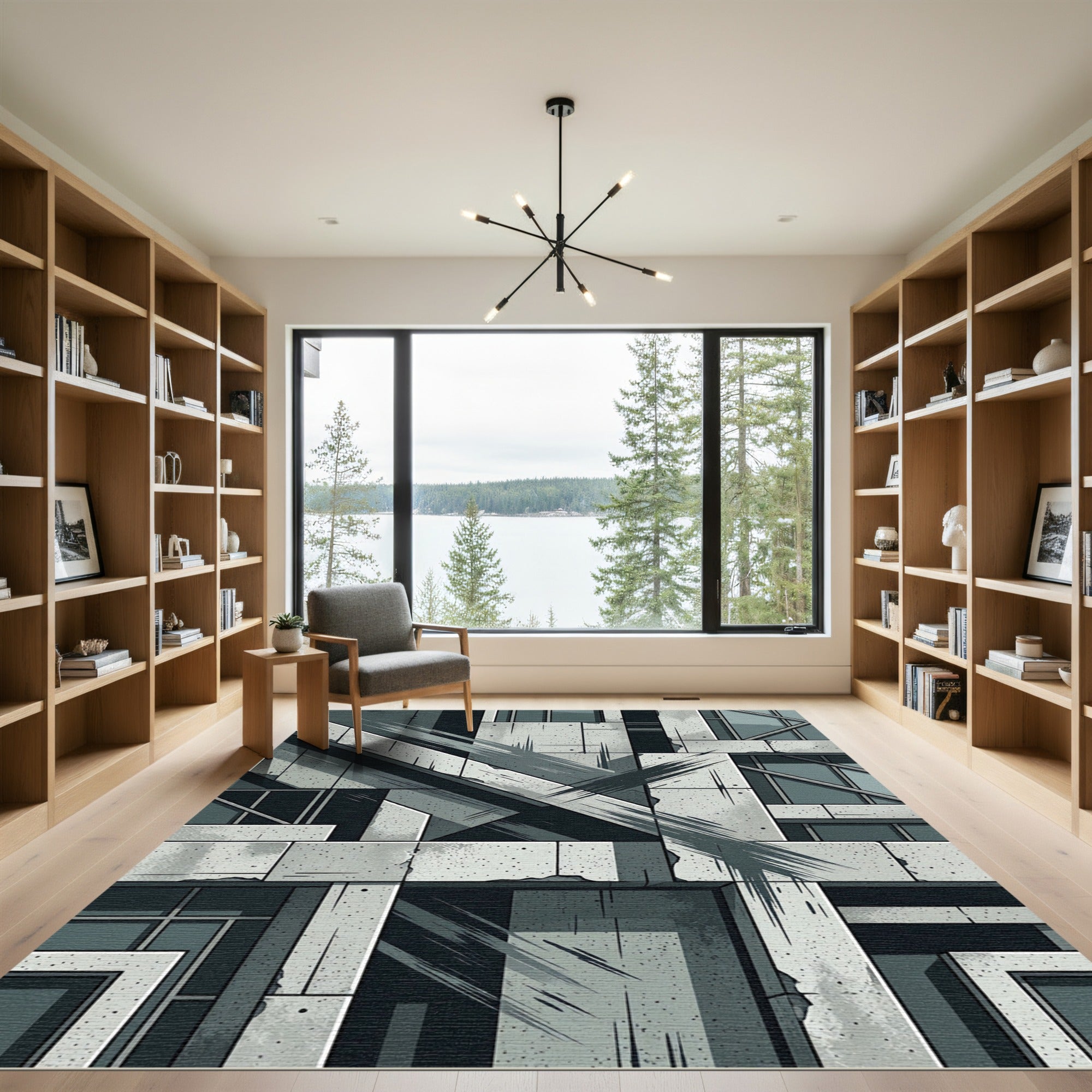 Grayscale Concrete Angular Geometric Stripe Rug