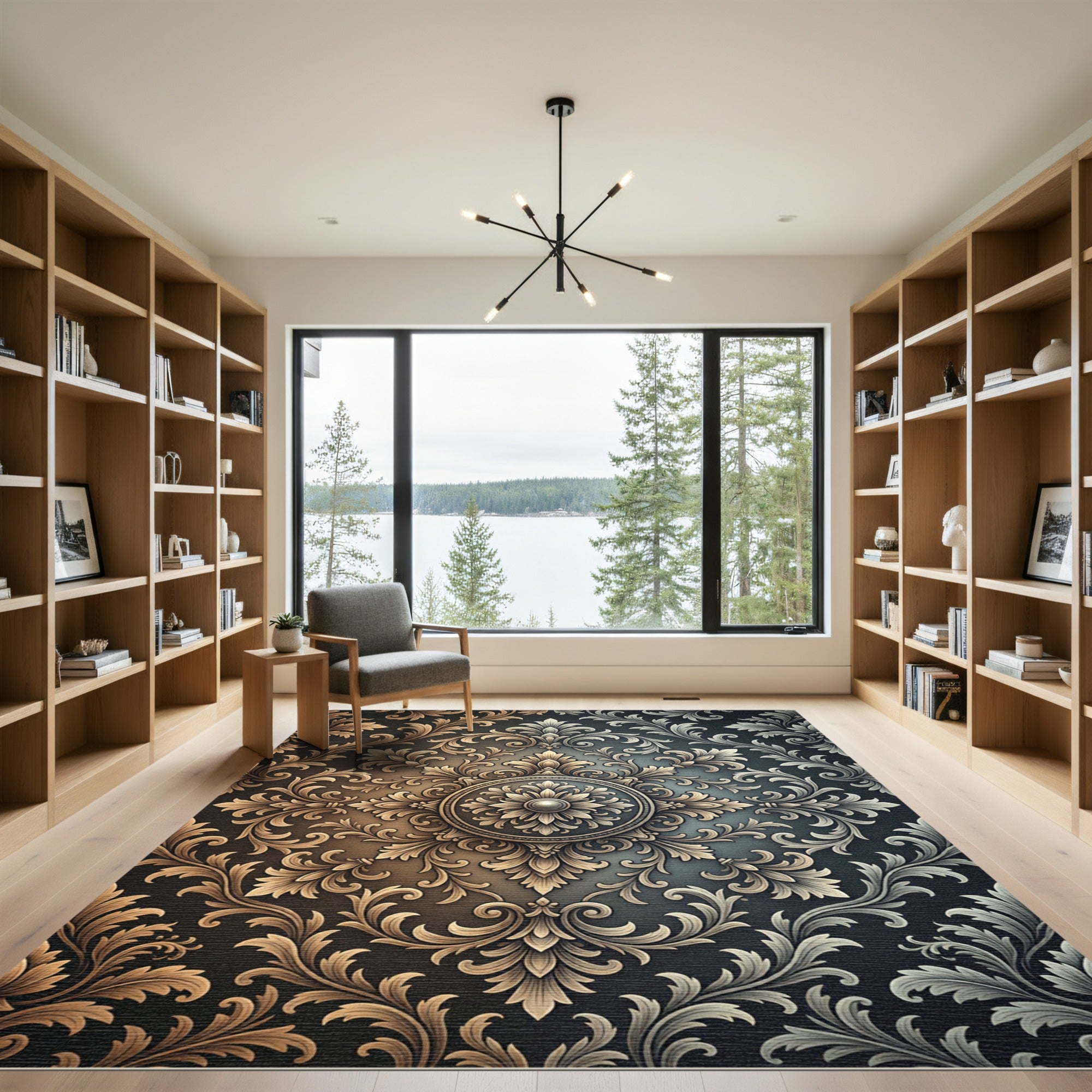 Ornate Bronze Gold Damask Medallion Rug