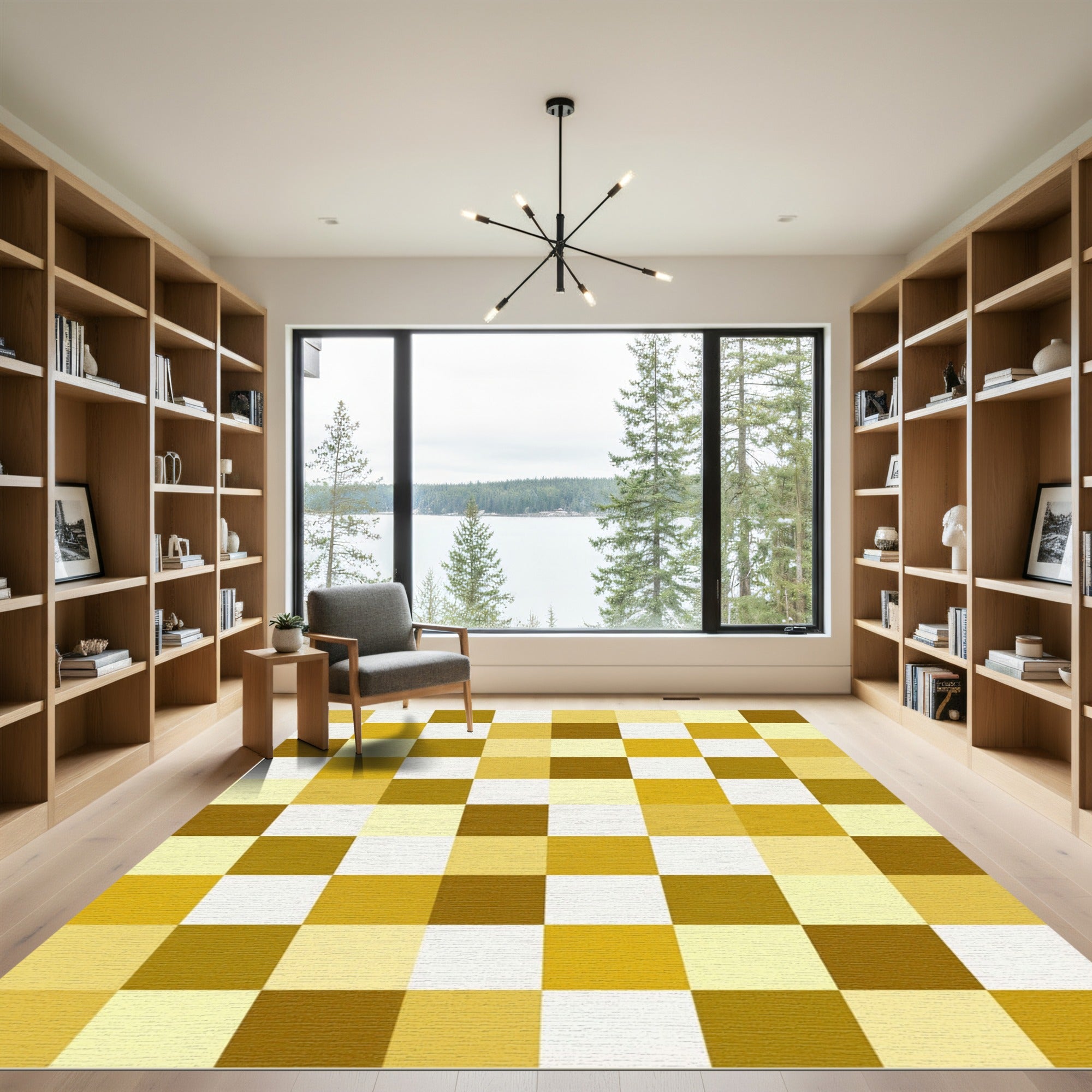 Modern Ochre Gold Geometric Grid Rug