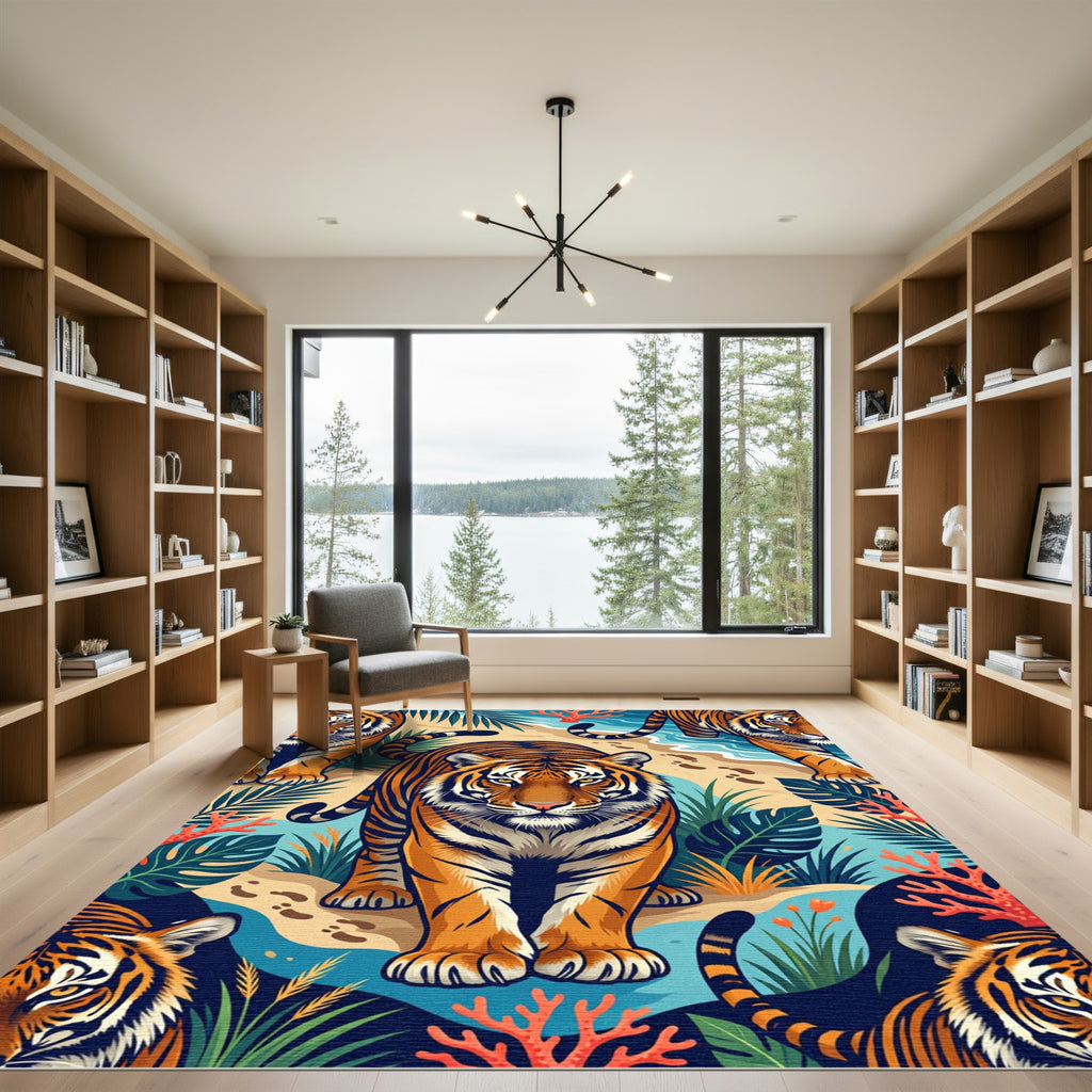 Vibrant Tiger Tropical Beach Scene Rug