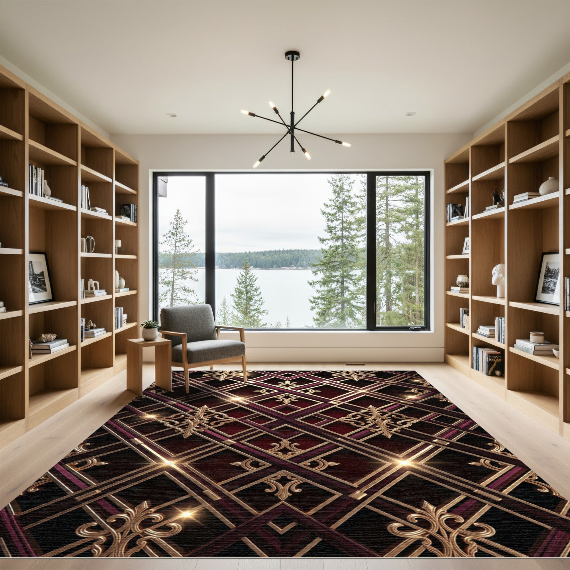 Art Deco Maroon Gold Geometric Lattice Rug