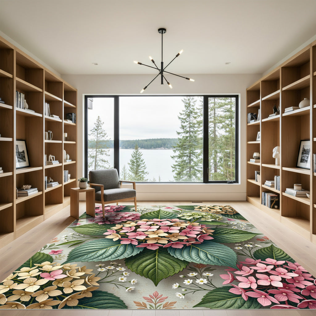 Pastel Pink and Cream Hydrangea Botanical Rug