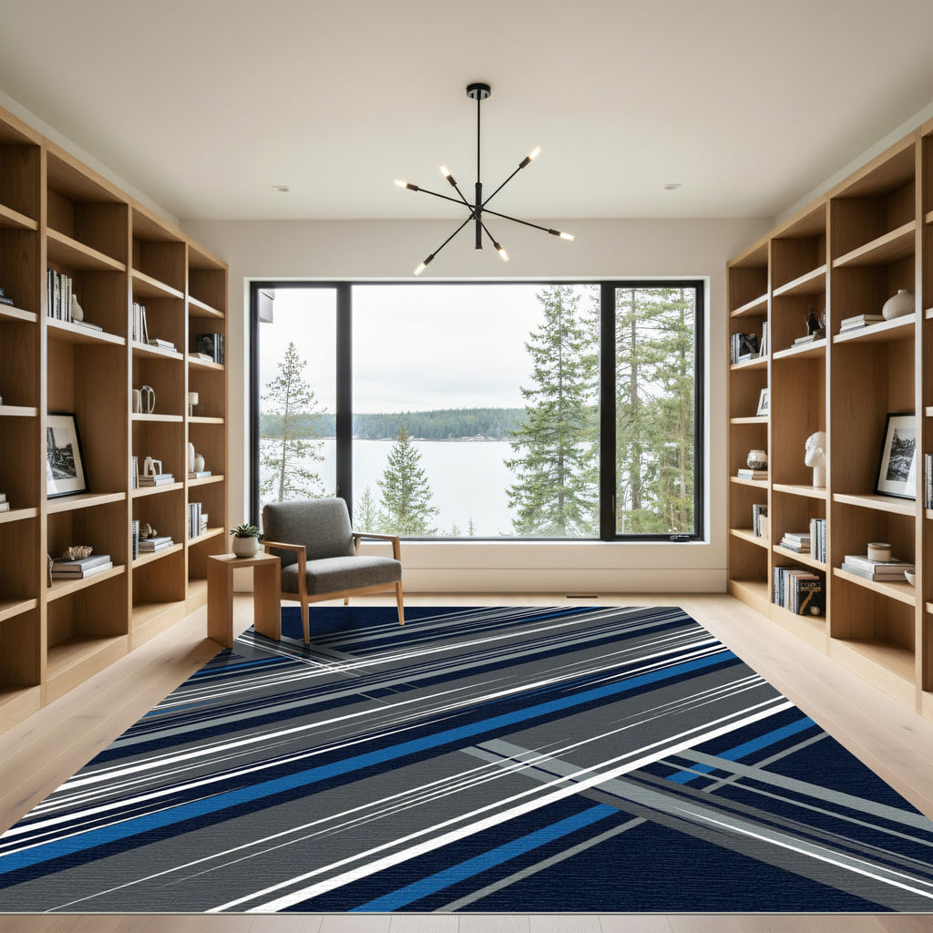 Modern Navy Gray Linear Geometric Art Rug