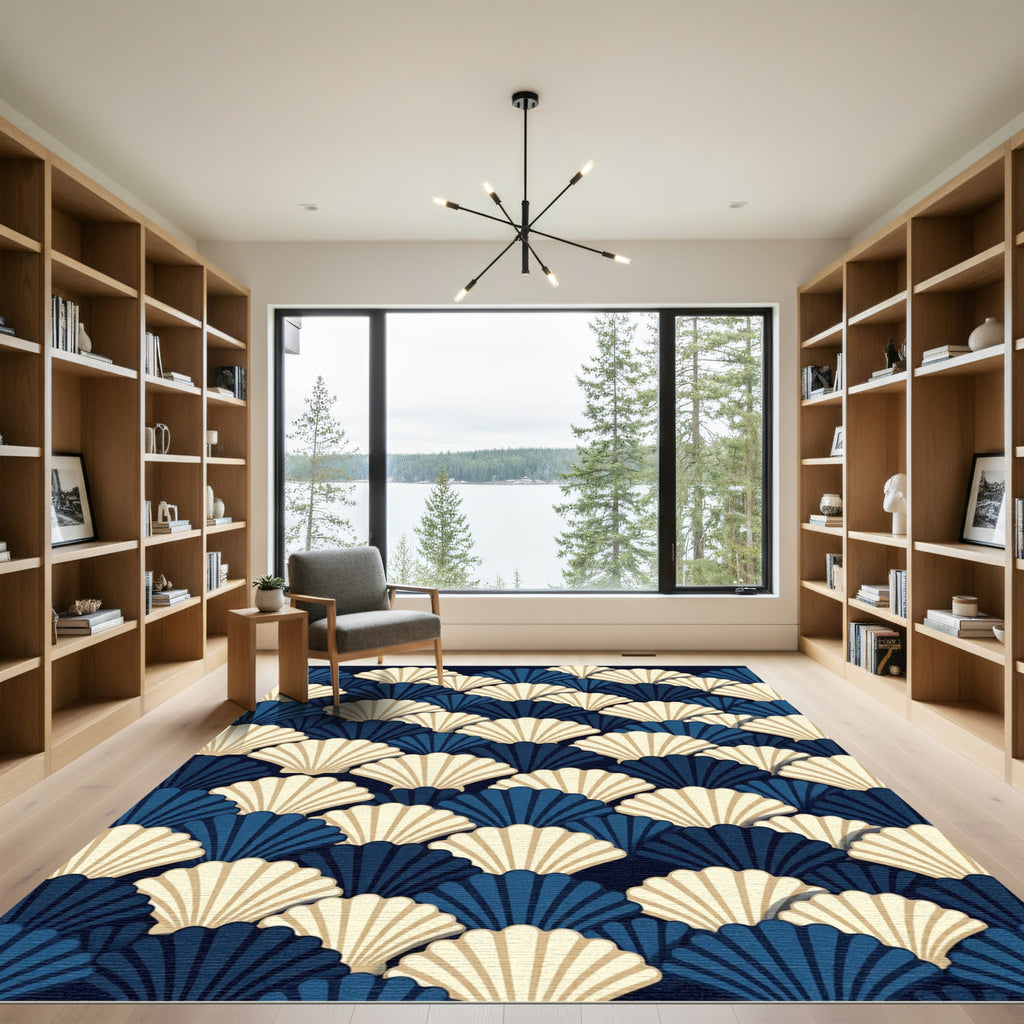 Navy and Cream Art Deco Scallop Rug