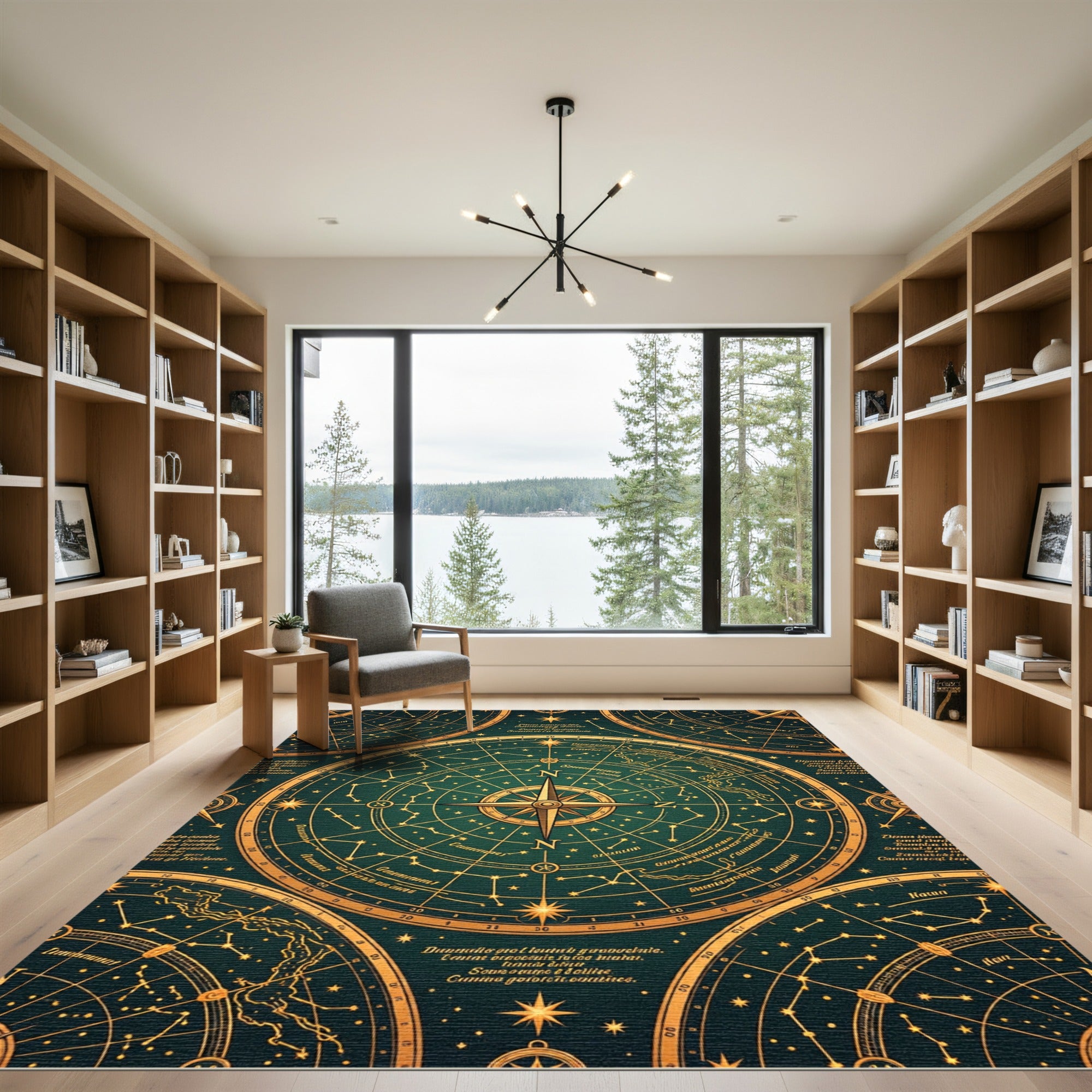Emerald Gold Celestial Compass Map Rug