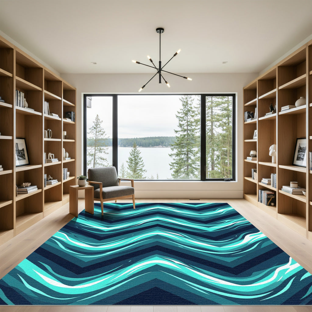 Modern Teal Chevron Wave Rug