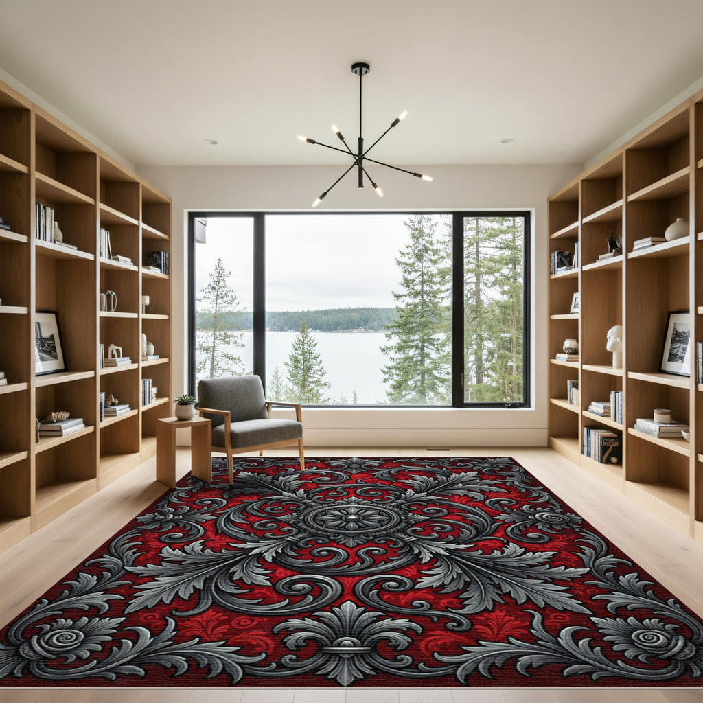Gothic Crimson Silver Filigree Medallion Rug