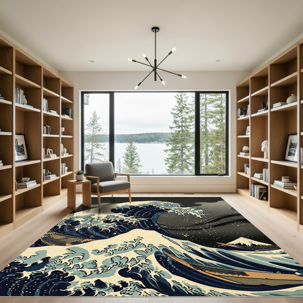 Deep Blue Oceanic Wave Art Rug