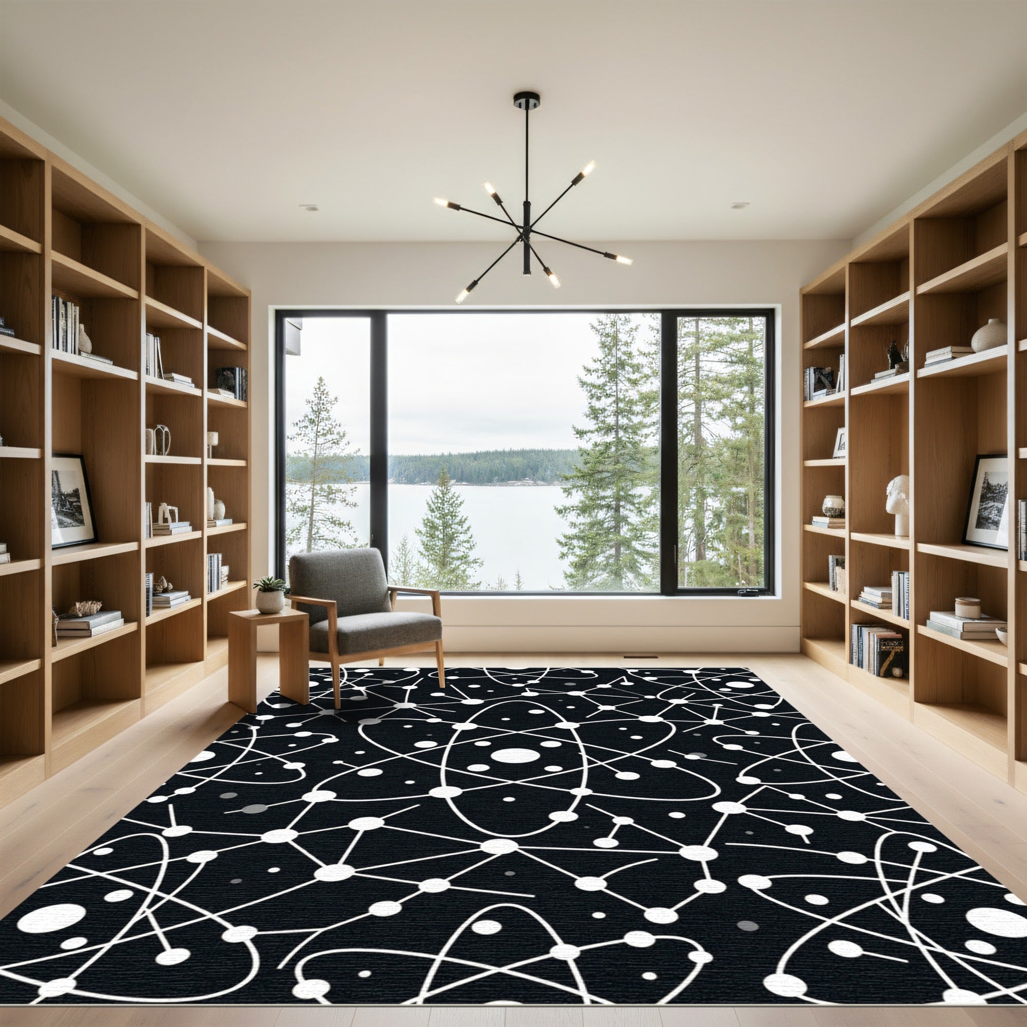 Black White Atomic Particles Network Rug