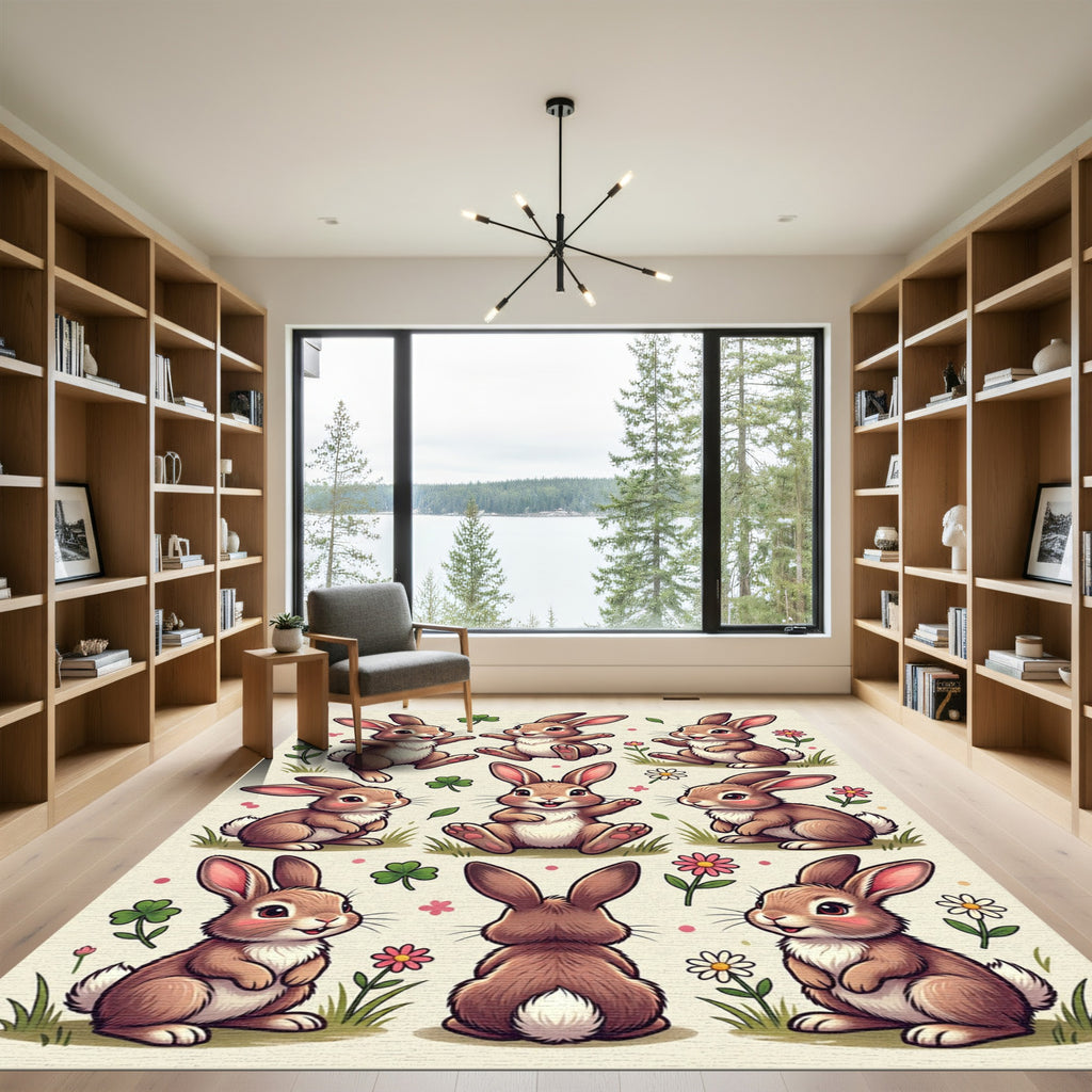 Whimsical Brown Bunny Meadow Garden Rug
