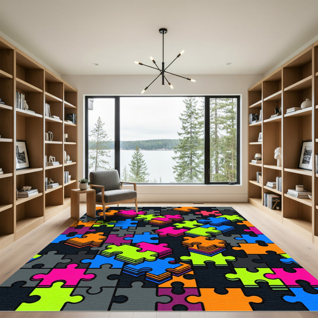 Vibrant Neon Interlocking Puzzle Art Rug