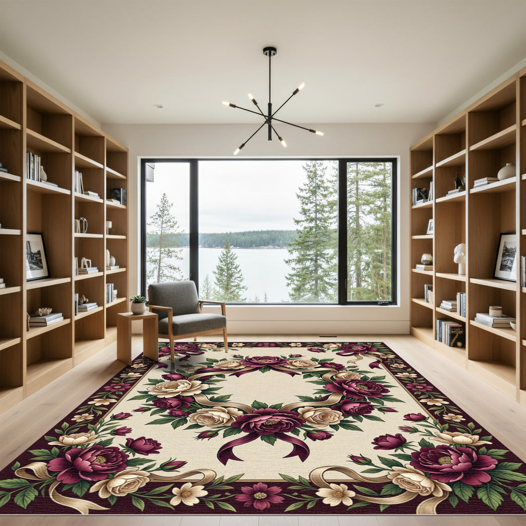 Deep Burgundy Cream Floral Wreath Ribbons Rug